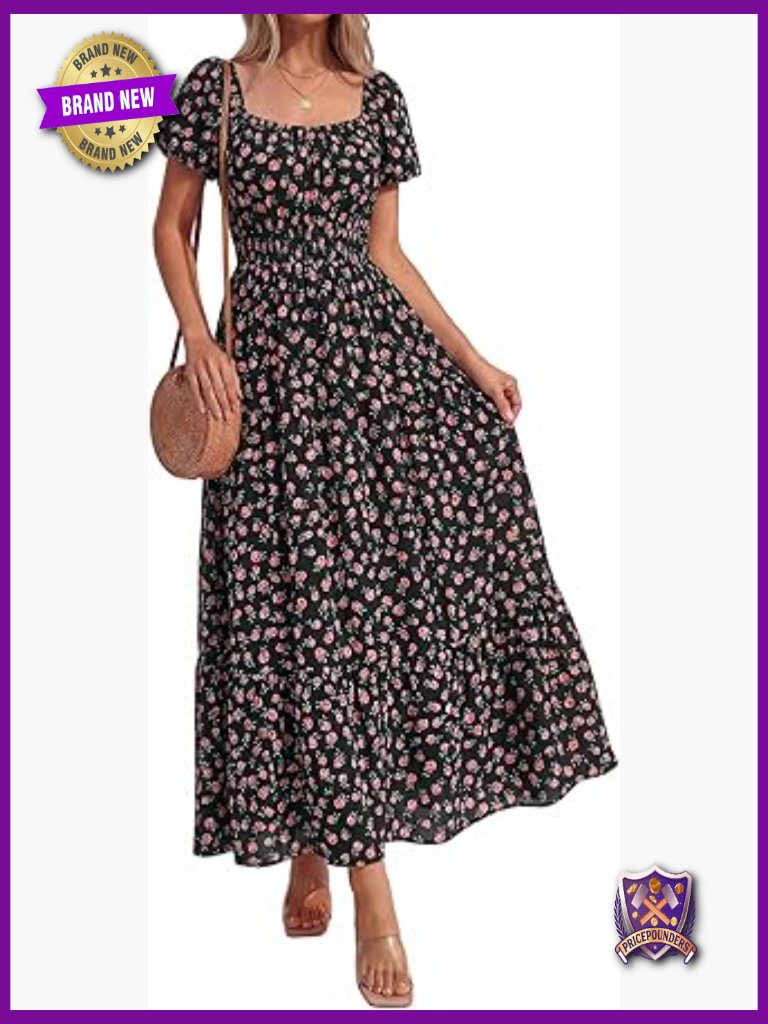 Smocked Tiered Maxi Dress Pockets Flowy A-Line Puff Short Sleeve Square Neck